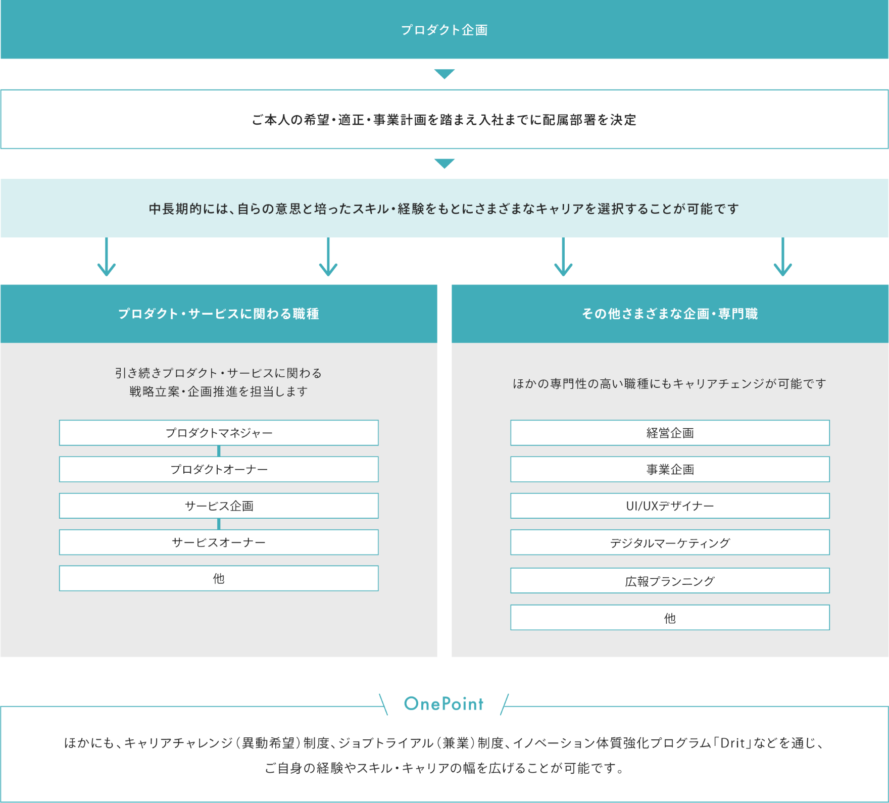 プロダクト企画のキャリアパス図。ご本人の希望・適性・事業計画を踏まえ入社までに配属部署を決定します。配属先は、中期的には、自らの意思と培ったスキル・経験をもとにさまざまなキャリアを選択することが可能です。選択できるキャリアは大きく分けて2つです。1つ目はプロダクト・サービスに関わる職種で、引き続きプロダクト・サービスに関わる戦略立案・企画推進を担当します。2つ目はその他さまざまな企画・専門職で、ほかの専門性の高い職種にもキャリアチェンジが可能です。また、この2つのほかにも、キャリアチャレンジ（異動希望）制度、ジョブトライアル（兼業）制度、イノベーション体質強化プログラム「Drit」などを通じ、ご自身の経験やスキル・キャリアの幅を広げることが可能です。